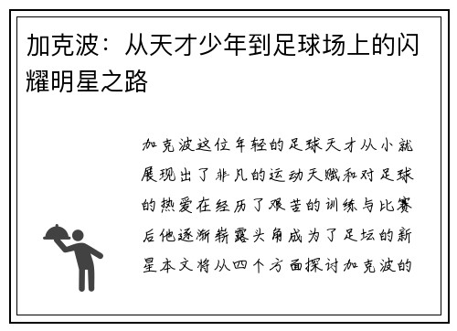 加克波：从天才少年到足球场上的闪耀明星之路